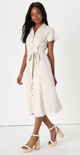 Italian Summer Beige Linen Button-Up Short Sleeve Midi Dress