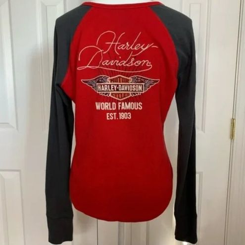 Harley-Davidson Top M Embroidered Thermal Henley Colorblocked Red Gray Moto  Size M - $32 - From Cageys