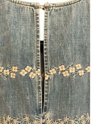 Lucky Brand Denim Dress Size Large Floral Embroidered Raw Hem