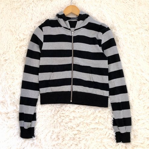 Brandy Melville Black Gray Crystal Crop Stripe Zip Hoodie Jacket New W/  Tags. One Size, Best Fits XS, Small, and Medium 