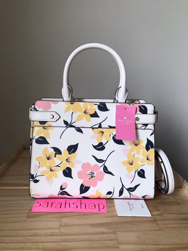 Kate Spade Staci Lily Blooms Floral Medium Satchel Crossbody Cream