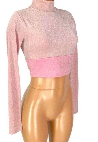 NAKED WARDROBE On The Glow Mock Neck Long Sleeve Sparkle Crop Top Size Small