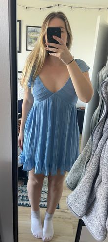 Amalfi Coast Light Blue Pleated Flutter Sleeve Mini Dress