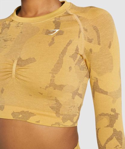 Gymshark YELLOW ADAPT CAMO SEAMLESS LONG SLEEVE CROP TOP Size L