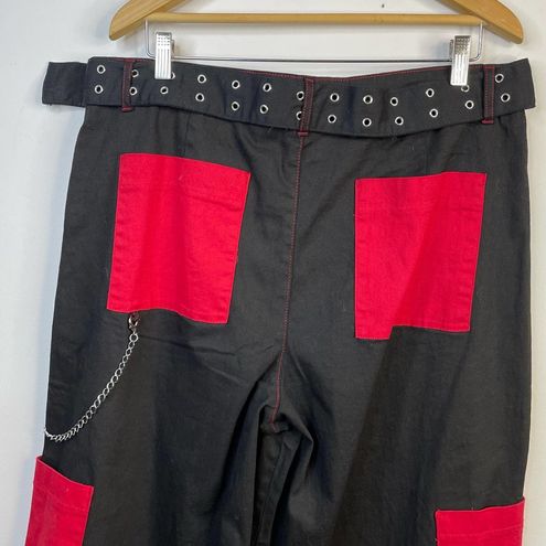 Black & Red Pocket Wide Leg Girls Cargo Pants