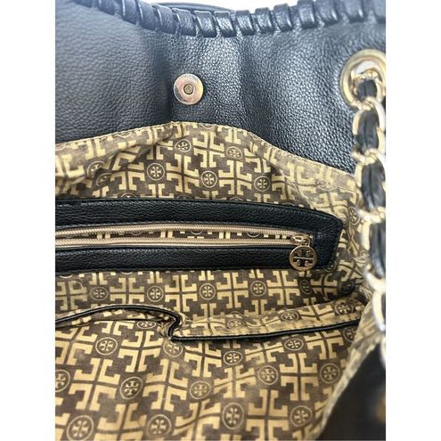 Tory Burch Marion Slouchy Tote Leather Bag Chain/ Woven Leather Strap Black