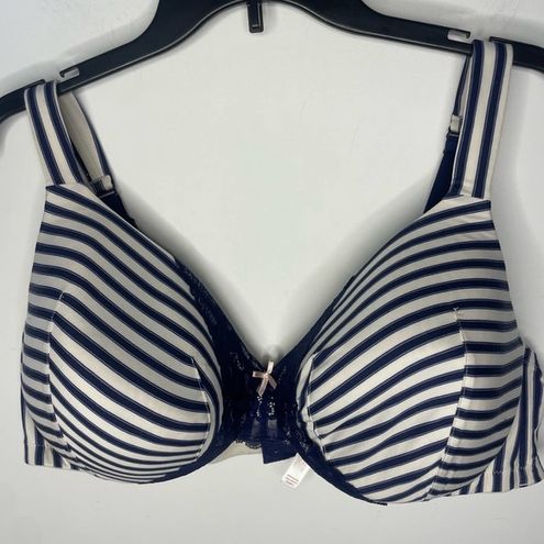 Cacique Intimates Bra 46C Blue White Nautical Striped Lined Lace