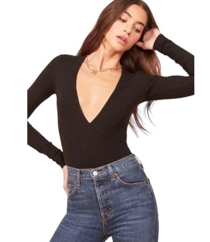 Reformation Black Becky Ribbed Plunge V Neck Long Sleeve Bodysuit Sz Small