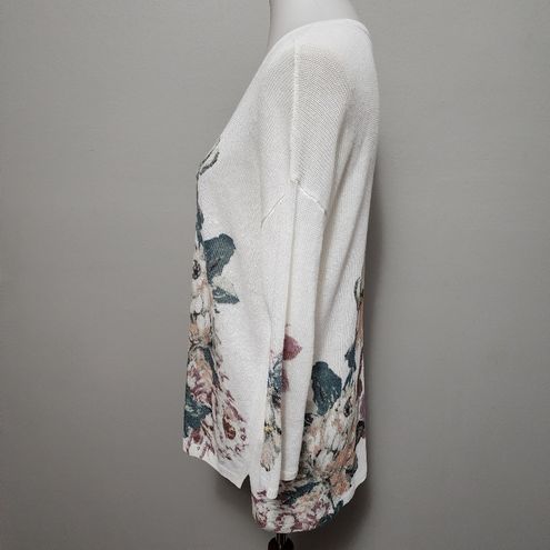 J.Jill White Floral Linen Blend Vneck Vented Long Sleeve Sweater Size Small  - $41 - From Gina