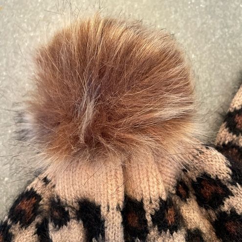 Tan Leopard Fur Pom Pom Re-purposed Lv Patch Beanie - $51