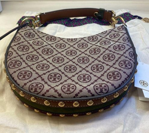 AUTH NWT $548 Tory Burch T Monogram Jacquard Studded Mini Crescent Bag In  Claret