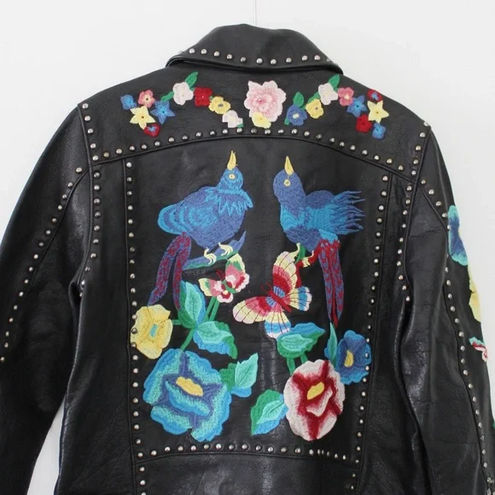 ASOS Premium Leather Biker Jacket With Floral Embroidery Black Size 6 $316