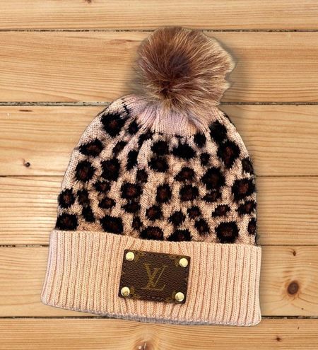 Tan Leopard Fur Pom Pom Re-purposed Lv Patch Beanie - $51