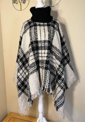 Pink Lily Cream Black Plaid Turtleneck Poncho Shawl One Size