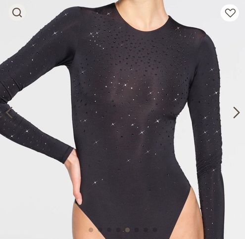 SKIMS SWAROVSKI X JELLY SHEER LONG SLEEVE CREW NECK BODYSUIT Black