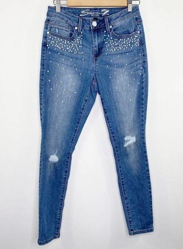 SEVEN7 WOMENS DISTRESSED Skinny Pearl Embellished Light Jeans Size