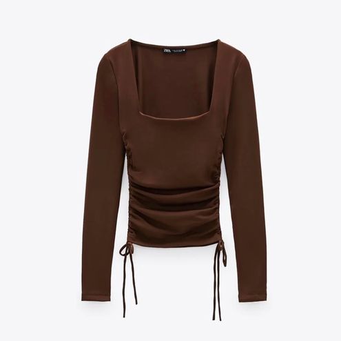 zara square neck top brown