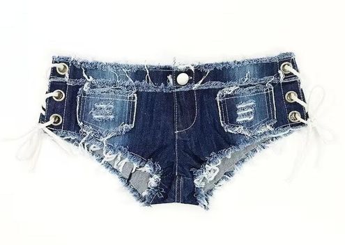 Womens Denim Booty Shorts, Sexy Mini Lace Up Thong Jeans