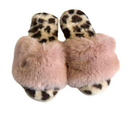 Shiraleah Chicago Vail Fluffy Faux Fur Blush Pink Leopard Slipper Slide Sz  L/XL 