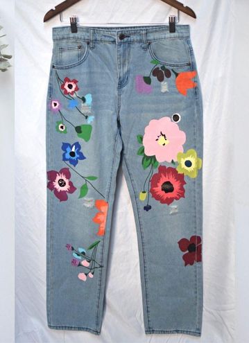 Misslook Jeans Size Small Floral Denim Blue Painted Embellished