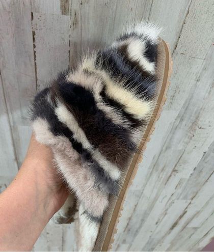 MOU Minky Fur Striped Slippers Brown Multi