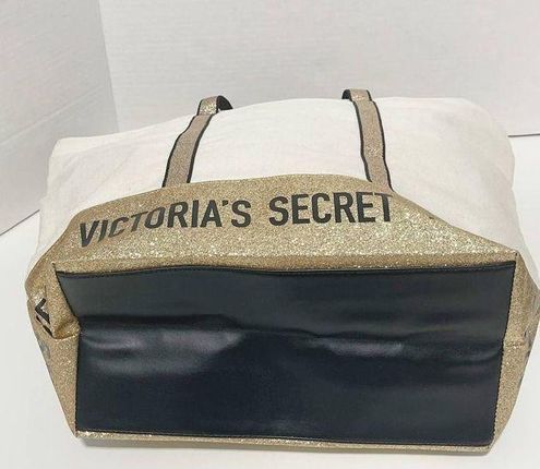 Victoria's Secret Canvas Tote Structured Shoulder Bag Gold Glitter Cream  Color