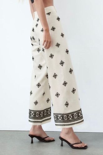 Zara NWT embroidered white and black linen, straight leg pants