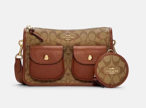 Coach C5675 Pennie Signature Coin Case Crossbody Khaki Redwood