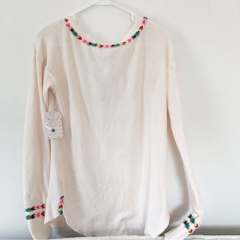 Free People NWT Cream Colored Embroidered Thermal Henley Top Size