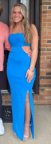 Charming Strapless Cut Out High Slit Maxi Prom Formal Dress - Blue