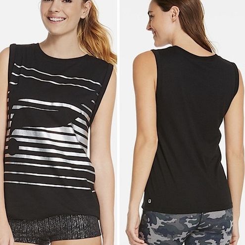 Fabletics Mckinney Black Silver Logo T Shirt Tee Medium Metallic Sleeveless  - $17 - From Echo