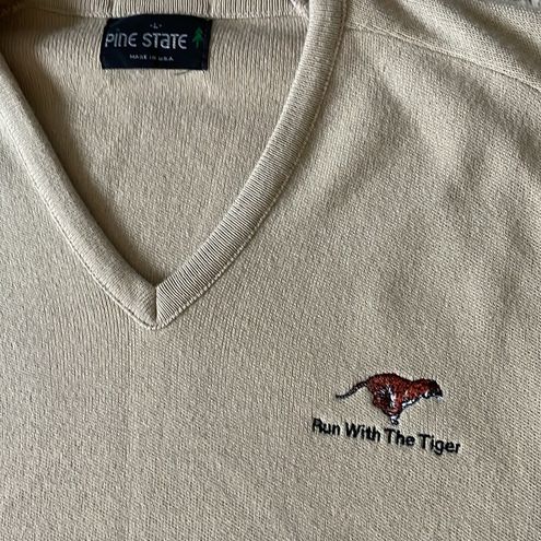 Vintage Run With The Tiger Neutral Tan V-Neck Sweater Made in