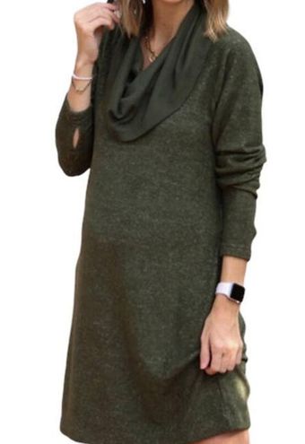 Cabi Size S Solace Sweater Dress Cowl Neck Olive Green Drawstring