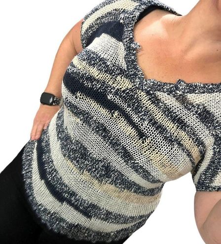 Lucky Brand SMALL Striped Loose Knit Notched V-Neck Short Sleeve Sweater -  $11 - From Nikki