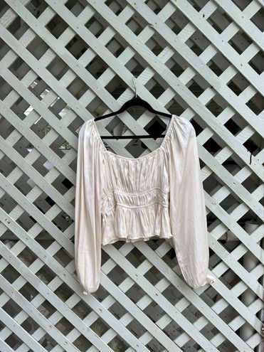 Sophisticate Cream Satin Ruched Long Sleeve Top