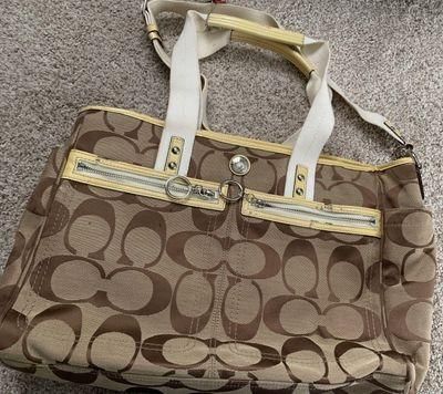 Coach Daisy Khaki/White Large Shoulder Tote Purse F14878