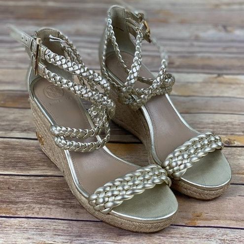 Tory Burch Bailey Braided Ankle Strap Platform Wedge Espadrille Gold  Leather 8 - $105 (67% Off Retail) - From Flower