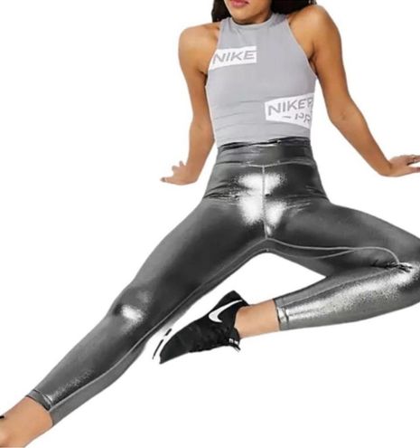 Womens Nike One Icon Clash Leggings 7/8 Shimmer XS Black Metallic Silver