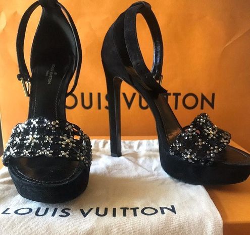 LOUIS VUITTON Satin Swarovski Crystal Heels 39.5 Black 19583