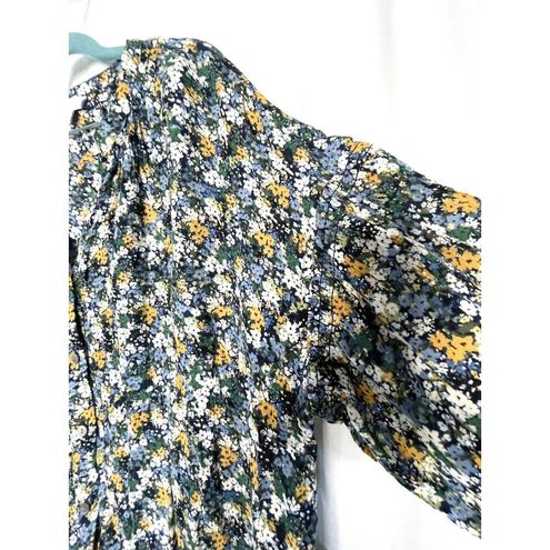 J.Jill Smocked Relaxed Rayon Blouse Navy Blue Size 2X Floral