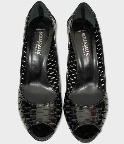 Aquatalia Roxy Cutout Peep Toe Heels Black Patent Leather 9.5