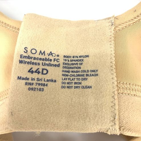 Soma Women's Size 44D Embraceable Wireless Unlined Bra Full Coverage Nude  Tan - $40 - From Gwen