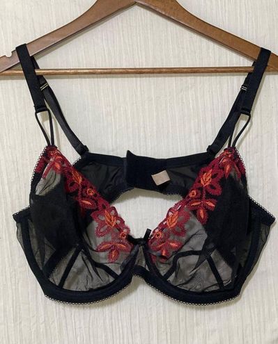 Cacique Sheer Underwire Bra Black with Red and Orange Floral