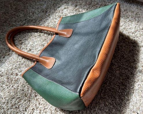 Vintage Tote, Neiman Marcus, Faux Leather, Dark Green, Black and Camel, Color Block Tote, Never Used, Pebbled Surface, Fully Lined