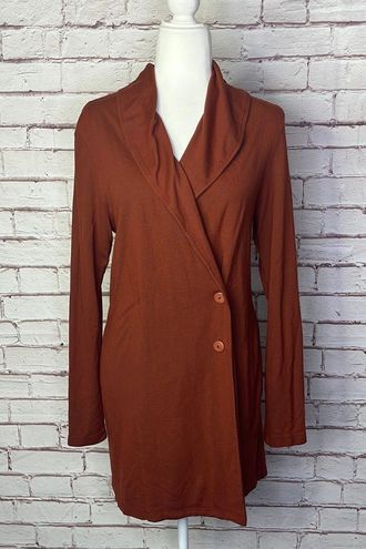 Flax Rust Color Wrap Style Double Button Duster Cardigan. Very mild wash  wear. Stretchy and soft. Can be worn open or buttoned. Knit jersey  material. 31” long 16” bust approximately 20” sleeve