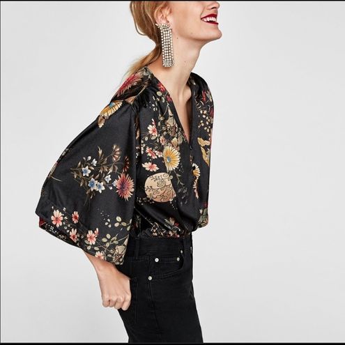 ZARA Accessories Floral Print Wide Sleeve Velvet Bodysuit Blogger