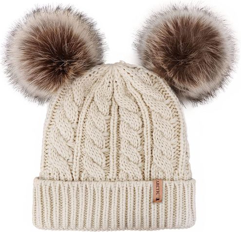 Arctic Paw Pom Pom Beanie Cable Knit Fleece Lined Winter Beanie Women Hat