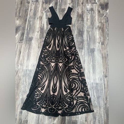 BCBGMAXAZRIA Marilyne Swirl Black Lace Cutout Gown Dress Size 2