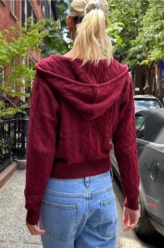 Brandy Melville Maroon Cropped Hooded Cable Knit Ayla Sweater Red