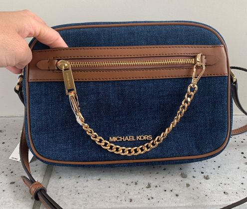 Michael Kors Jet Set Large East West Indigo Denim Zip Chain Crossbody